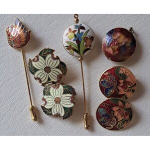 Lot Of Vintage Cloisonné Jewelry Lot Hat Pins Pendant Earrings